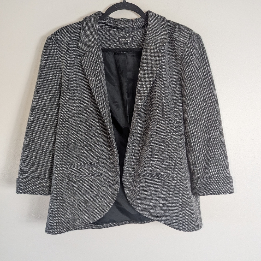 12 Topshop Black & White Open Front Cuffed Sleeve Jacket